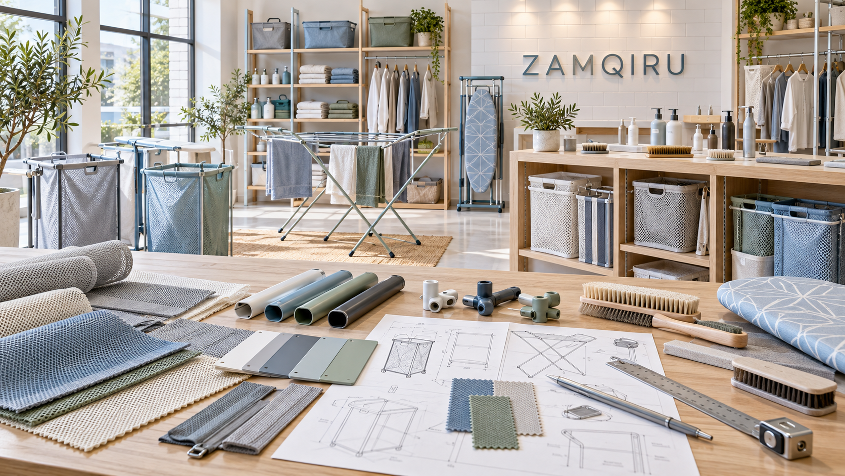 Zamqiru laundry-care design studio with material samples, drying systems and technical sketches